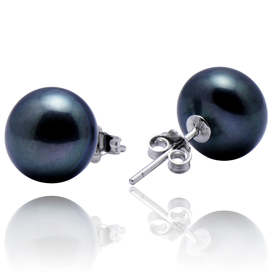 New Arrival Brincos Classic Style Women's Pearl Stud Earrings 9.5-10mm Freshwater Black Pearls 925 Sterling Silver Fine Jewelry