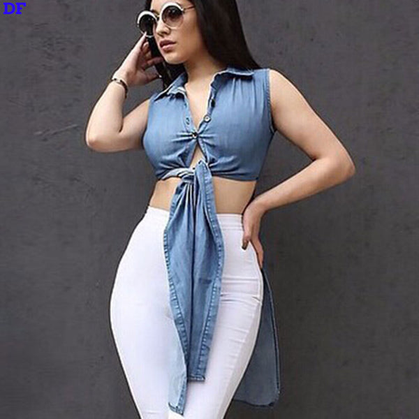 Denim Sexy Blouses For Women 2016 Topshop Shirt Long Blusas 2 Ways Wear Women Tops Plus Size Solid Color Blouse Sexy Blusa Shirt