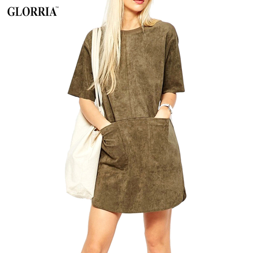 Glorria New Women Girls O-Neck Short Sleeve Pocket Dresses Summer Style Casual Fashion Straight Brown Mini Dress Vestidos