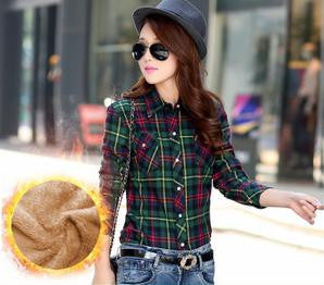 Tops Blusa Camisa Femininas Autumn winter warm cotton long-sleeved thick velvet women's plaid shirt  flannel  office shirts