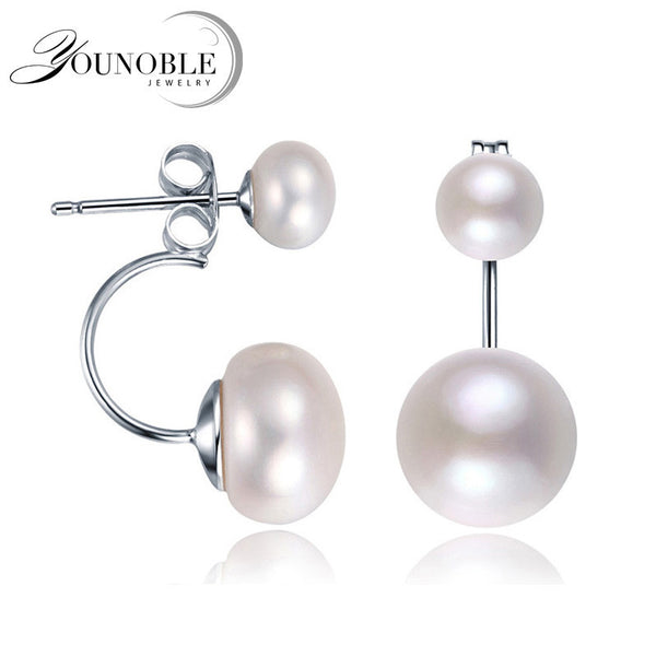 Real Natural Double Pearl Earrings 925 sterling silver jewelry,blacl freshwater pearl earrings for women girl birthday best gift