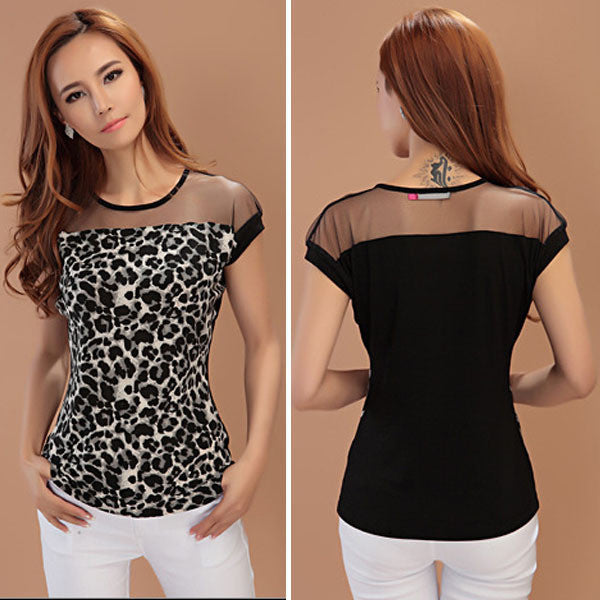 Summer Lady Leopard Sheer Fashion Shirt Crew Neck Short Sleeve Slim Women Blouse Tops