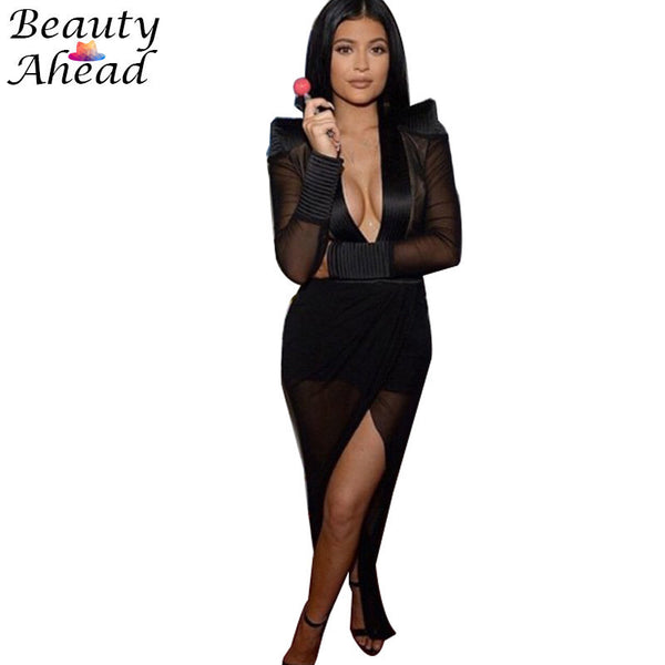 Kylie Jenner dress New Fashion Deep v-neck long sleeve perspective elegant maxi dresses plus size irregular hem woman club dress