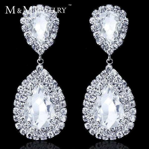 Waterdrop Crystal Bridal Silver Long Drop Earrings for Women Wedding Jewelry Gift for Christmas EH003