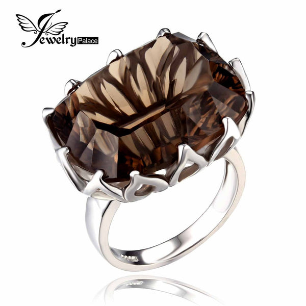 JewelryPalace Huge Gem Stone 23ct Natural Smoky Quartz Rings For Women Concave Genuine 925 Sterling Silver Fine Jewelry Brand