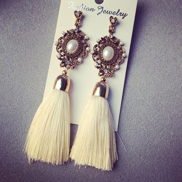 Retro Royal Fashion Gems White Ocean Flow Tassel Temperament Ethnic Wire Drop Earrings Jewelry Accessory for Women