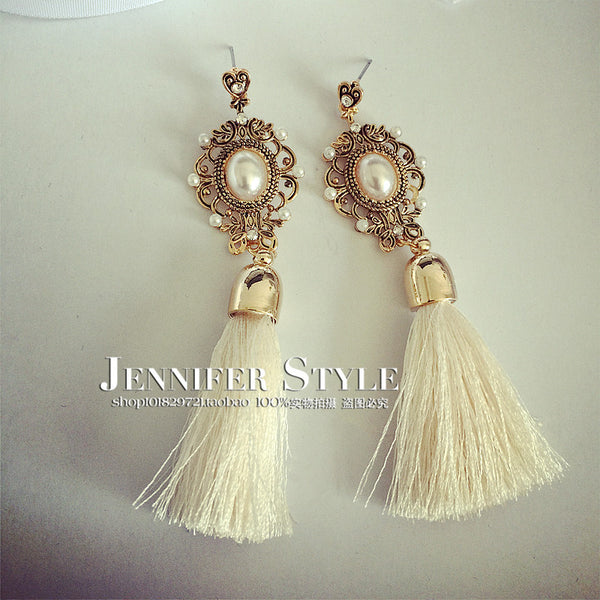 Retro Royal Fashion Gems White Ocean Flow Tassel Temperament Ethnic Wire Drop Earrings Jewelry Accessory for Women