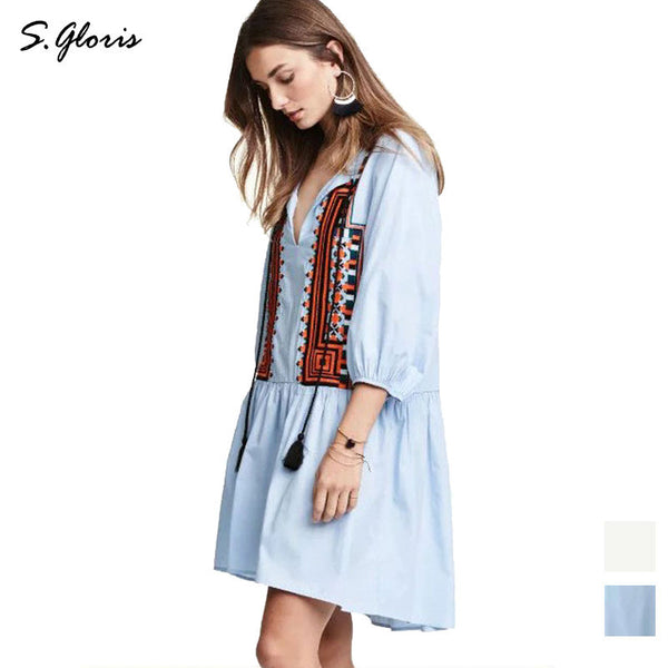 M.H.Artemis Elegant Bohemian Ethnic Embroidery Tassels Mini Loose Dress Girls Music Festivals Clothing Boho Chic Dress Beachwear