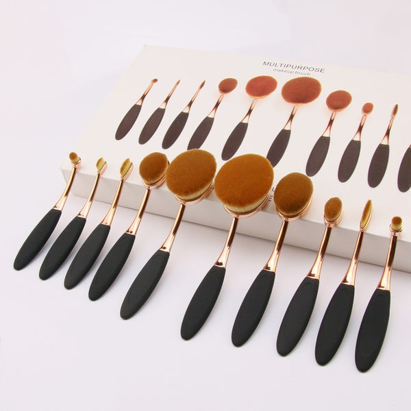 NEW Toothbrush Shape Oval Makeup Brush Foundation Powder Eyebrow Make up Brushes Beauty Tools Black Gold 10PCS/set + Retail Box