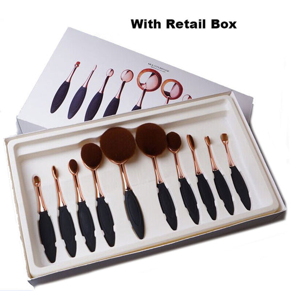 NEW Toothbrush Shape Oval Makeup Brush Foundation Powder Eyebrow Make up Brushes Beauty Tools Black Gold 10PCS/set + Retail Box