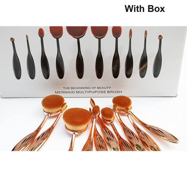 Fashion 10pcs Rose Gold Cosmetics Brush Toothbrush Shape Foundation Power Face Eyeliner Puff Makeup Brushes Tools with Box