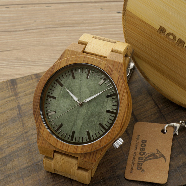 BOBO BIRD 2016 New Arrival Men's Bamboo Wood Wristwatch Ghost Eyes Genuine Leather Strap Glow Analog Watches with Gift Box