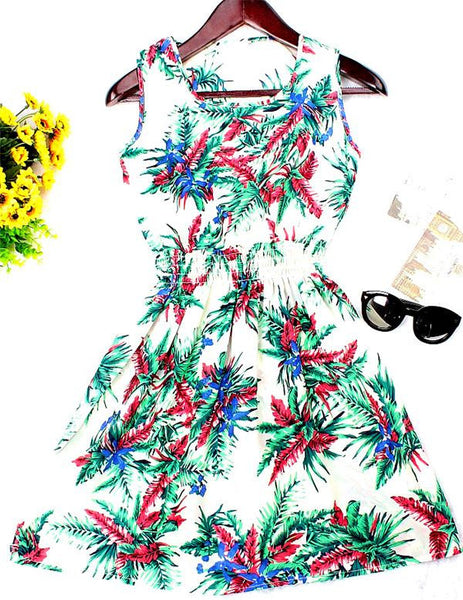 New Brand 2016 Summer Women dress Casual Print Sleeveless Dress Chiffon stripe floral print Elastic Waist Bohemian Beach Dresses