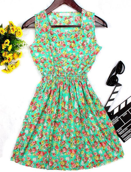 New Brand 2016 Summer Women dress Casual Print Sleeveless Dress Chiffon stripe floral print Elastic Waist Bohemian Beach Dresses