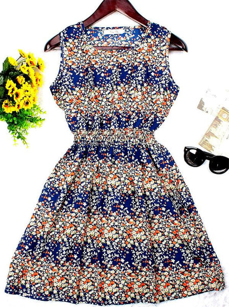 New Brand 2016 Summer Women dress Casual Print Sleeveless Dress Chiffon stripe floral print Elastic Waist Bohemian Beach Dresses