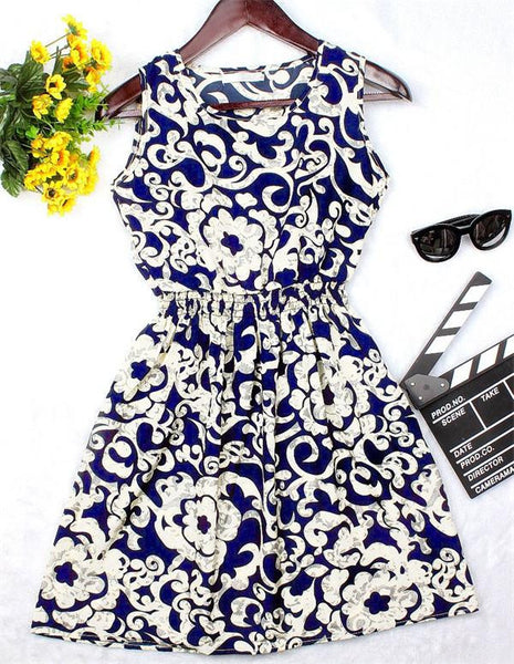 New Brand 2016 Summer Women dress Casual Print Sleeveless Dress Chiffon stripe floral print Elastic Waist Bohemian Beach Dresses