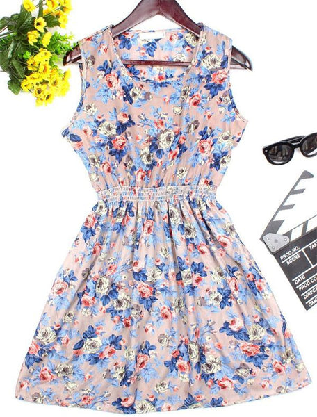 New Brand 2016 Summer Women dress Casual Print Sleeveless Dress Chiffon stripe floral print Elastic Waist Bohemian Beach Dresses