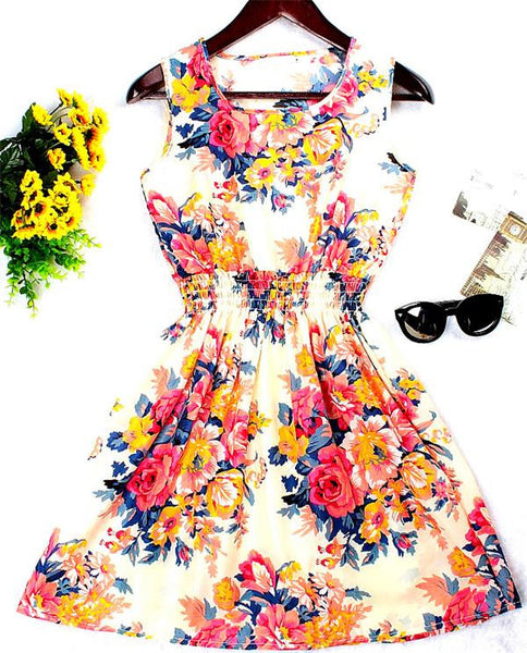 New Brand 2016 Summer Women dress Casual Print Sleeveless Dress Chiffon stripe floral print Elastic Waist Bohemian Beach Dresses