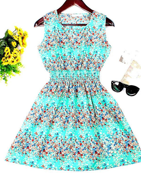 New Brand 2016 Summer Women dress Casual Print Sleeveless Dress Chiffon stripe floral print Elastic Waist Bohemian Beach Dresses