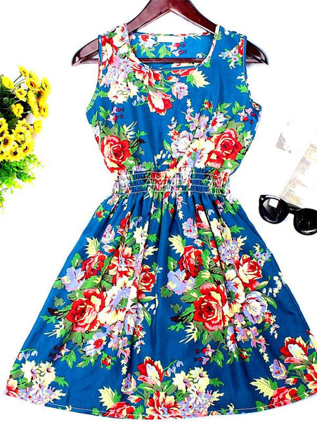 New Brand 2016 Summer Women dress Casual Print Sleeveless Dress Chiffon stripe floral print Elastic Waist Bohemian Beach Dresses