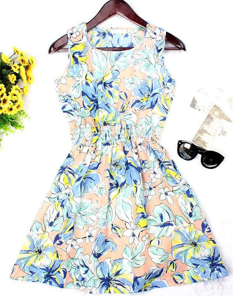 New Brand 2016 Summer Women dress Casual Print Sleeveless Dress Chiffon stripe floral print Elastic Waist Bohemian Beach Dresses