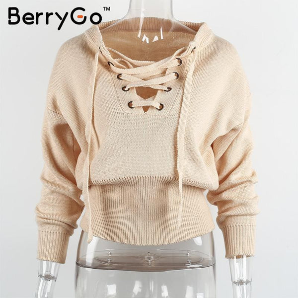 BerryGo Lace up winter sweater women 2016 Casual loose belt ribbed top knitwear Sexy jumper Elastic hem pullover outwear