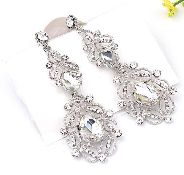 Fashion Big long Blue crystal drop earrings for women vintage flower silver plated bride Earrings wedding Jewelry accessories