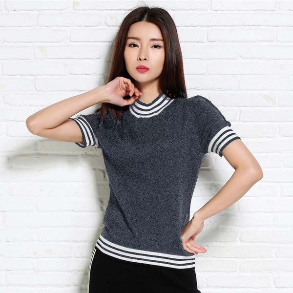 Sparsil Women's Spring Half-Height O-Neck Short Sleeve Sweater Solid Cotton Blend Slim Style Pullover Knitwear