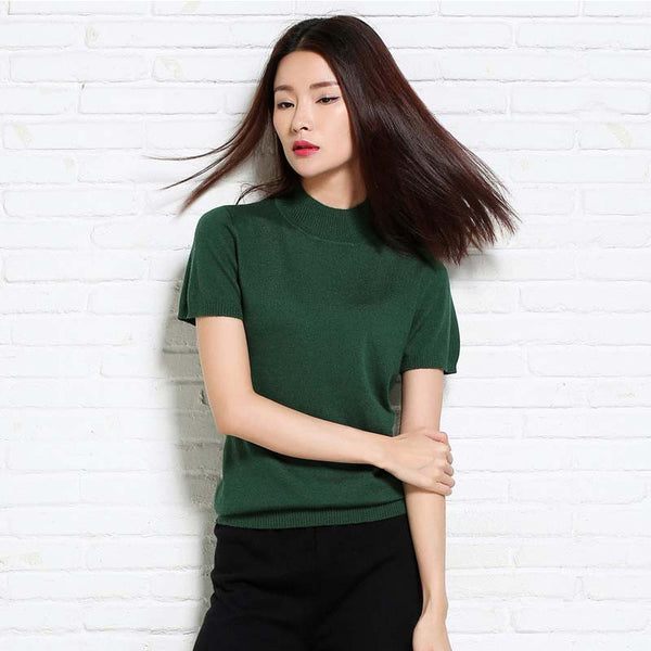 Sparsil Women's Spring Half-Height O-Neck Short Sleeve Sweater Solid Cotton Blend Slim Style Pullover Knitwear