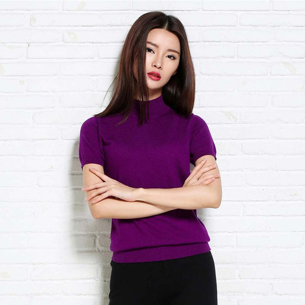 Sparsil Women's Spring Half-Height O-Neck Short Sleeve Sweater Solid Cotton Blend Slim Style Pullover Knitwear