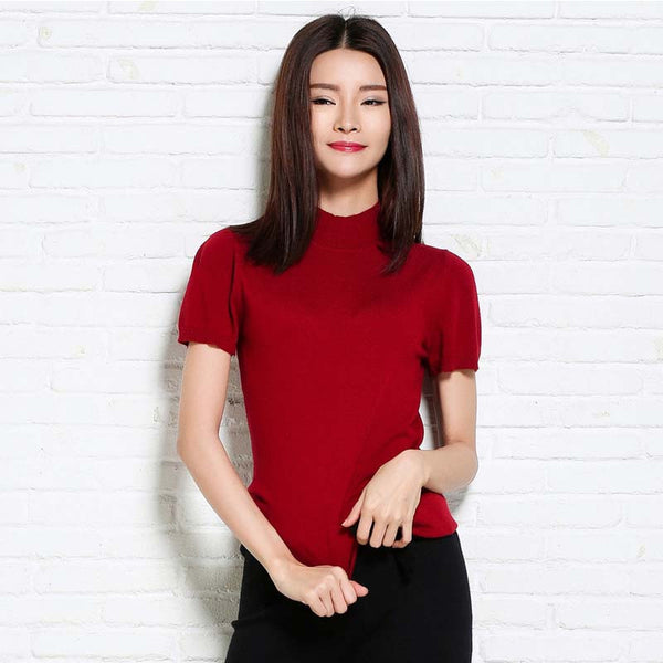 Sparsil Women's Spring Half-Height O-Neck Short Sleeve Sweater Solid Cotton Blend Slim Style Pullover Knitwear