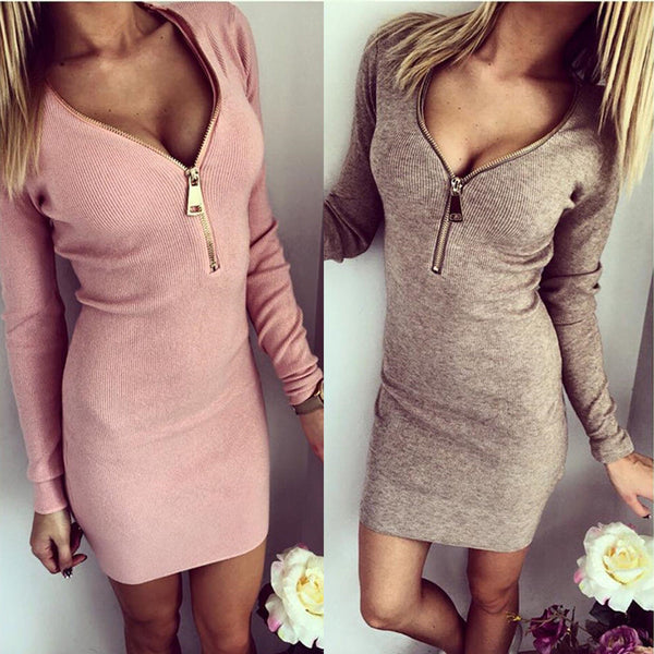 Big Sale Women Autumn Fashion Sexy Long Sleeve V-neck Front Zipper Knee-Length Pink Brown Bodycon Keep Warm Casual Dress S-XL