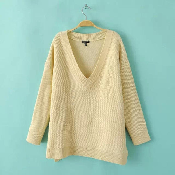 2016 Womens Deep V-Neck Sweaters Fashion Knitted Loose Pull Jumpers Topshop