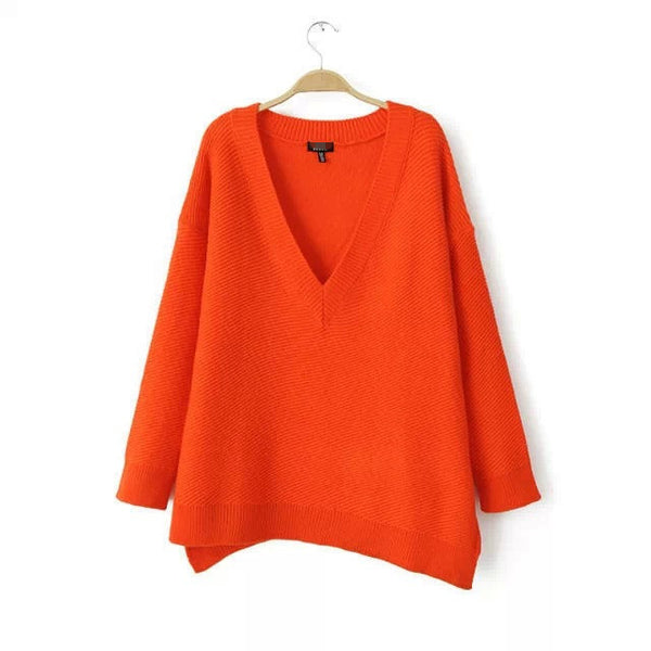 2016 Womens Deep V-Neck Sweaters Fashion Knitted Loose Pull Jumpers Topshop