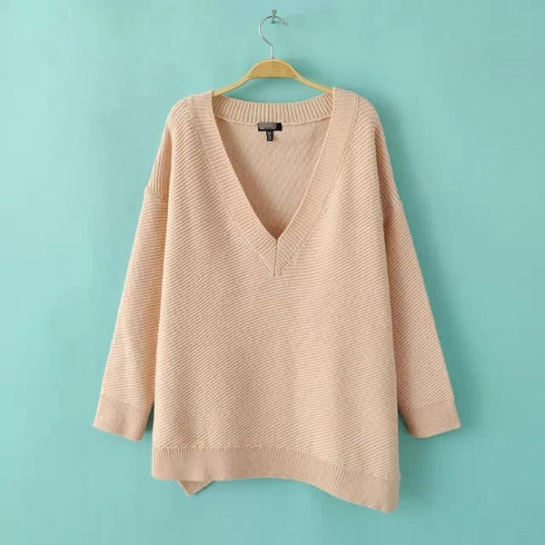 2016 Womens Deep V-Neck Sweaters Fashion Knitted Loose Pull Jumpers Topshop