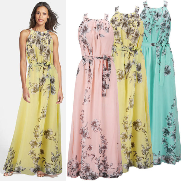 CChappiness Women Long Sleeveless Chiffon Evening Dress Gowns Casual Print Beach Dresses